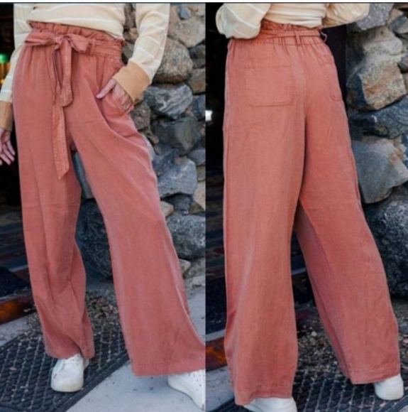 New! Belted Wide Leg Paper Bag High Waist Rust Chambray Pants - Picture 1 of 7
